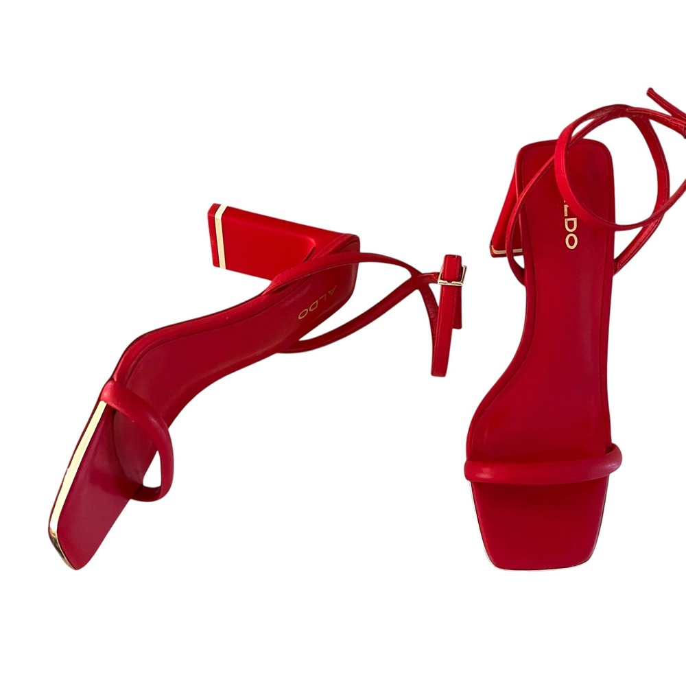 ALDO Red Heels Ankle Strap‎ Square Toe Block Heel Sandal Size 8
